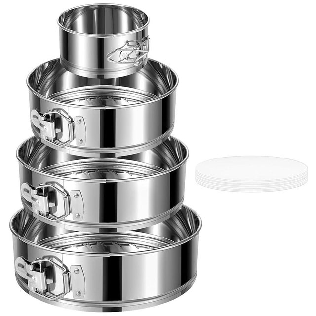 E-Gtong 4" 7" 9" 10" Springform Pans Set of 4, Stainless Steel Cheesecake Pan with Removable Bottom, Leakproof & Nonstick Springform Cake Mold for Baking with 50 Pcs Paper Liners