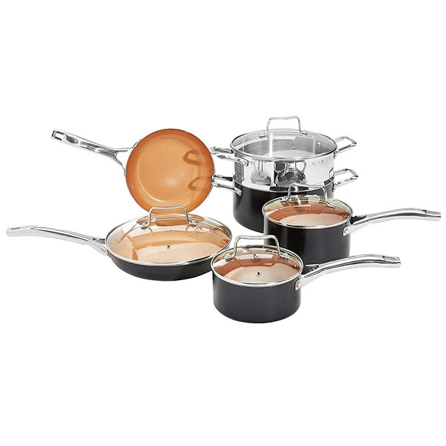 Amazon Basics Ceramic Nonstick Pots and Pans Cookware Set, 10-Piece Set- Copper Color