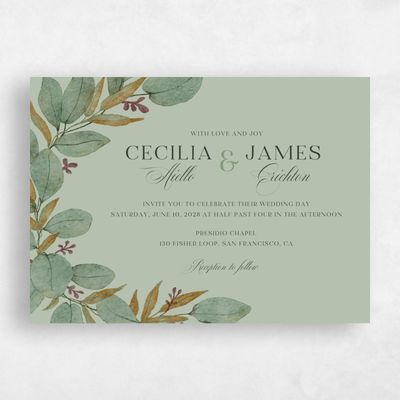 Laurel Green Wedding Invitation - Nutmeg Landscape