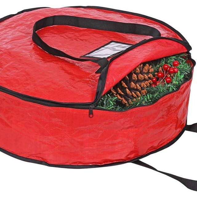 ProPik Christmas Wreath Storage Bag 24" - Garland Holiday Container with Tear Resistant Material - Featuring Heavy Duty Handles and Transparent Card Slot - 24” X 8” (Red)