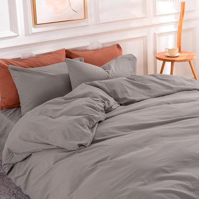 NEXHOME PRO Duvet Cover Set 100% Washed Cotton Oversized King 120"x98" Linen Feel Textured Organic Natural 3 Pieces Bedding Set with Zipper Closure, Breathable (Linen Grey, No Comforter)