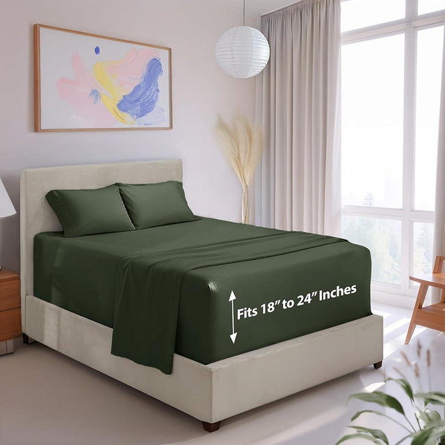 Hearth & Harbor Extra Deep Pocket King Sheets Set - 4 Piece Hotel Luxury Bed Sheets Set Fits Up to 24" Mattress - Ultra Soft Luxury Bed Sheet Set - Soft & Breathable, Olive Green