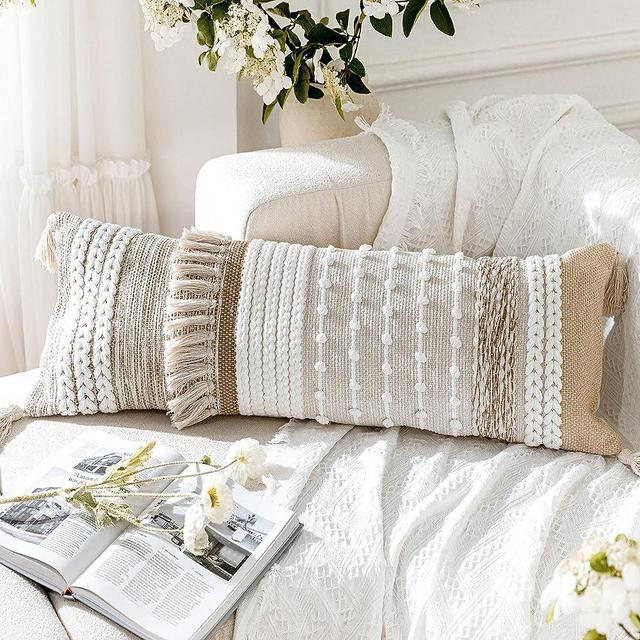 BlissBlush Boho Lumbar Throw Pillow Cover 14x36, Decorative Long Accent Lumbar Pillow for Bed, Woven Textured Body Lumbar Pillow for Bed, Brown Beige Neutral (Cover ONLY)
