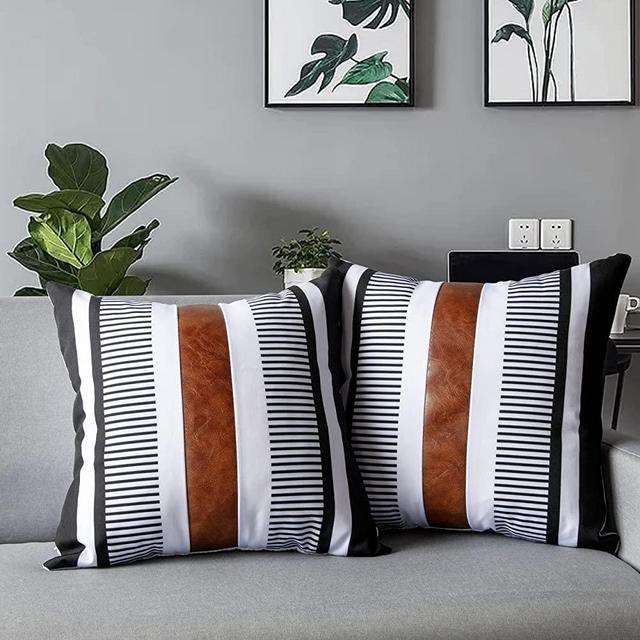 Adabana Faux Leather Pillow Cover 18 x 18 Inch Set of 2 Decorative Modern Stripe Accent Pillowcase Cushion Cover for Couch Sofa Bedroom