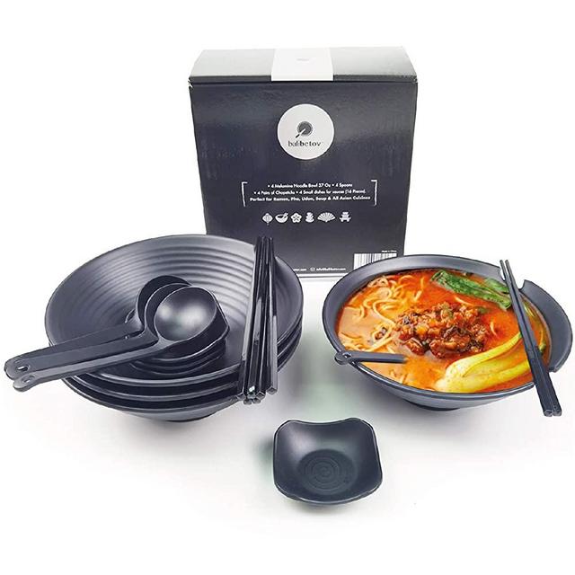 Balibetov Large Ramen Bowl Set - Includes Melamine Ramen Bowls, Chopsticks, Spoons and Small Dish for Sauce - Ideal for Asian, Chinese, Japanese, Korean or Pho Noodle Soup -4 sets, 16pcs(4, Black)