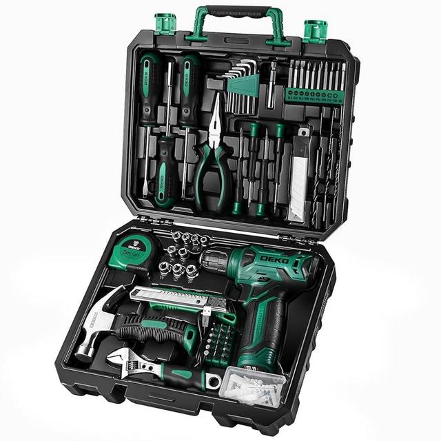 DEKOPRO Drill Set: Tool Set with 8V Green Cordless Drill, Home Tool Kit with Drill, Hand Tool Kits for Women 126 Piece