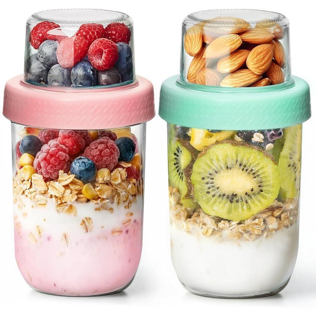 ComSaf 2-Pack 16 oz Overnight Oats Containers with Lids, Dual-Laryer Chia Pudding Jars with Dry and Wet Separation, Yogurt Parfait Cups for Oatmeal Cereal Nut Fruit, Meal Prep Glass Jars for Salad