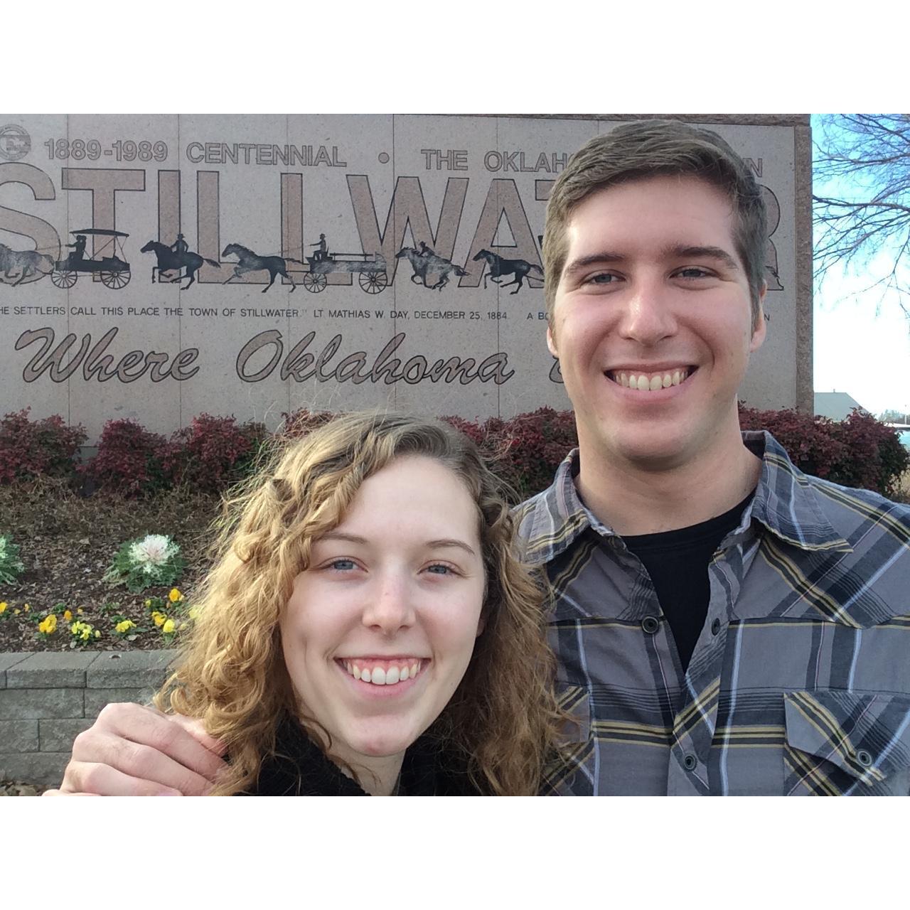 Lindsey and Chase at the sign in Stillwater during 1st year of grad school, right before Christmas break began.