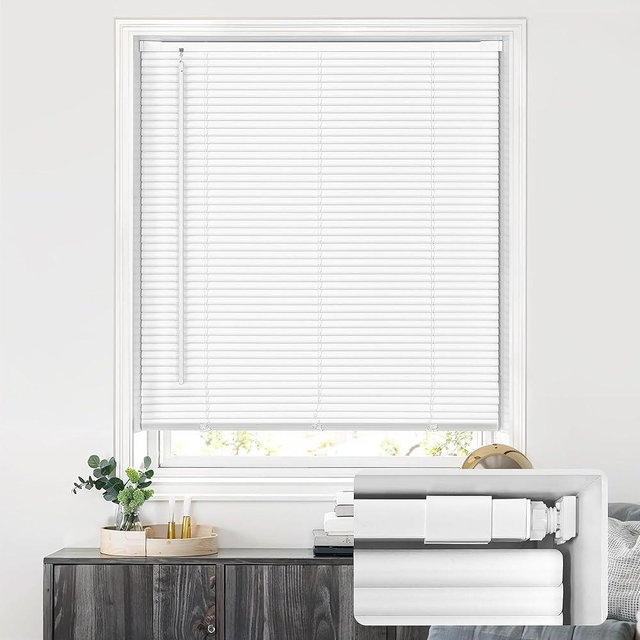 LazBlinds No Drill Blinds for Indoor Windows, Cordless 1" Vinyl Mini Blinds, Privacy S-Curve Blinds for Windows, Room Darkening Horizontal Window Blinds and Shades for Home, 30 1/2" W x 64" H, White
