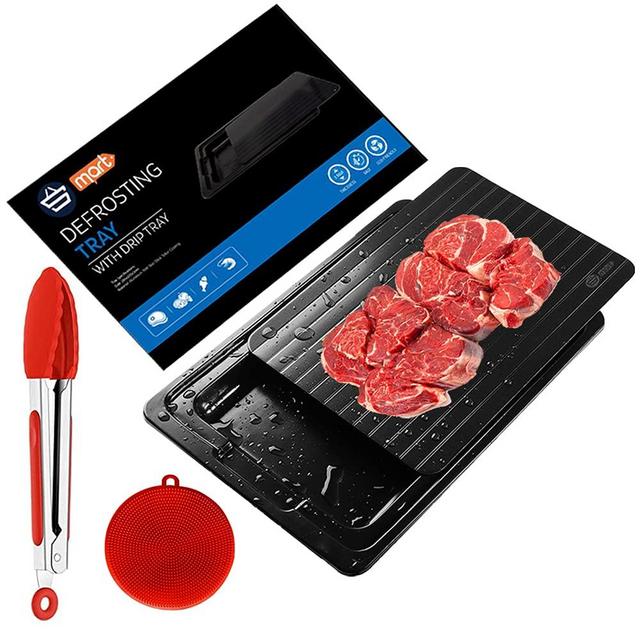 goods Professional Defrosting Tray Frozen Meat - Thawing Food Rapid - Safer Defroster Plate Thaw, No MicrowaveElectricity Plate, Drip Tray,Tong & Silicon Scrubber