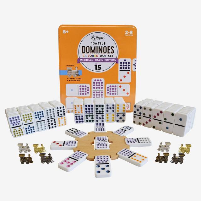Double 15 Mexican Train Dominoes with Wooden Hub and 8 Trains