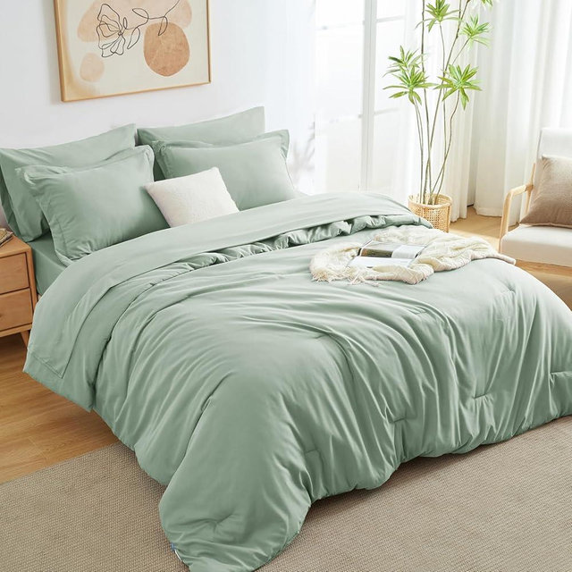 CozyLux King Comforter Set Sage Green, 7 Pieces Bed in a Bag, Bedding Comforter Set with Sheets, All Season Boho 7PC Bed Sets with Comforter, Fitted Sheets, Flat Sheets, Pillow Shams and Pillowcases