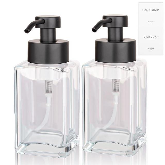 Foaming Soap Dispenser with Stainless Steel Pump, 12oz Refillable Glass Liquid Dish Soap Bottles for Bathroom, Kitchen Sink, Home Decor, 2 Pack