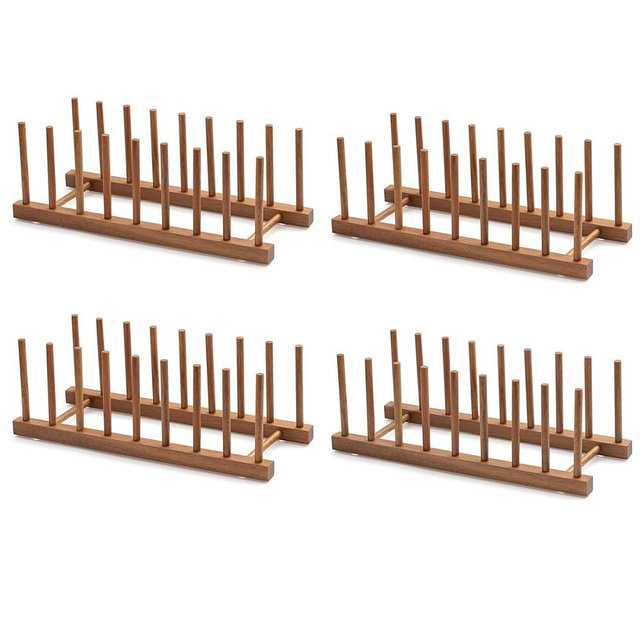 HBlife 4pcs Acacia Wooden Dish Dying Rack Pot Lid Plate Organizer Holder for Cabinet, Cutting Board Stand Drainer Storage Plate Rack for Dish, Pot Lid, Bowl, Cup, Cutting Board and Books