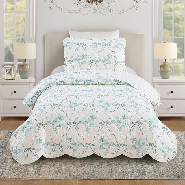 Modern Heirloom 3pc King Floral Frames Quilt Bedding Set Blue