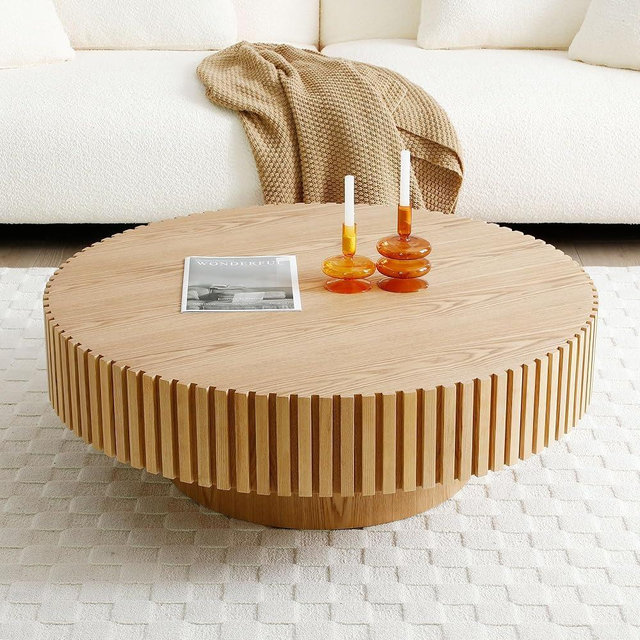 JURMALYN Round Coffee Table Wood Circle Coffee Table for Living Room Contemporary Fluted Table for Apartment, Easy Assembly ø35.43'', Oak