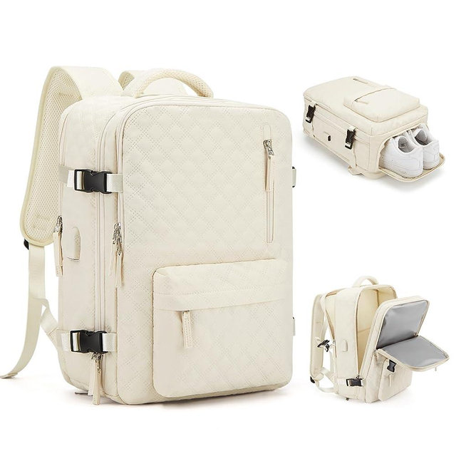 Travel Carry On Backpack for Women, Waterproof Laptop Backpack for Traveling on Airplane Hiking Gym Backpack with USB Charging Port Shoe Compartment, Beige