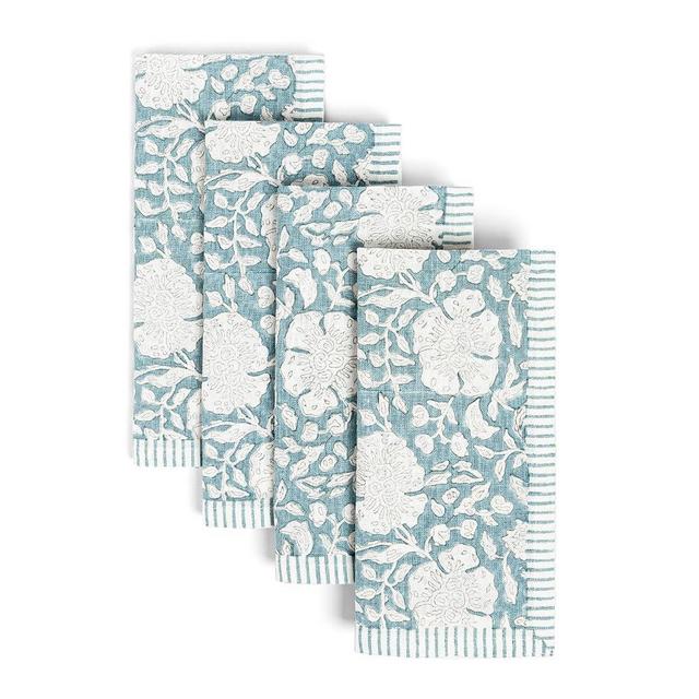 over&back Hand-Blocked Printed Cotton Cloth Napkins - Washable Napkins Set for Mixing, Matching, and Creating a Custom Home Decor Tablescape - Blue Floral