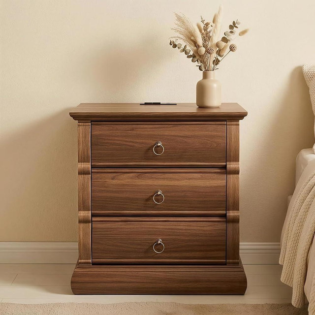 ACCOHOHO 3 Drawer Dresser for Bedroom, 22" Vintage Chest of Drawers with Curved Fronts & Retro Ring Pulls, Wood Storage Closet Dresser for Living Room, Hallway, Black Walnut