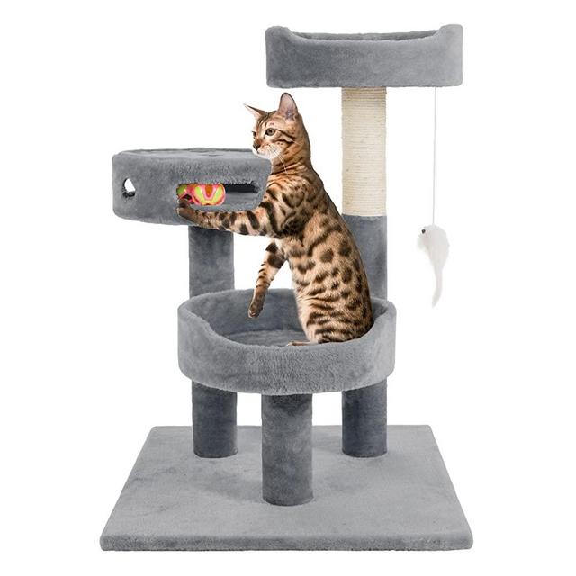 PETMAKER 3-Tier Cat Tower Collection - 2 Carpeted Napping Perches, Sisal Rope Scratching Post, Hanging Mouse, and Interactive Cheese Wheel Toy