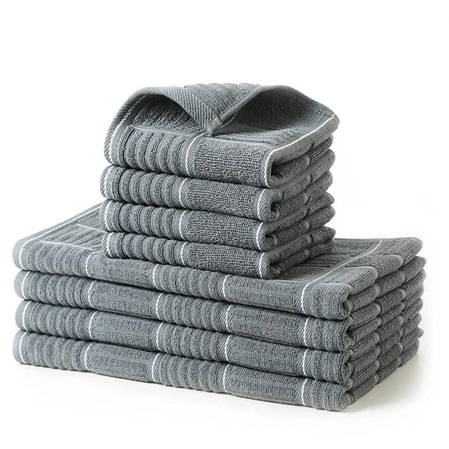 Glynniss Kitchen Towels and Dishcloths Set, Four Kitchen Dish Towels 16x26 Inches, Four Absorbent Dish Cloths for Washing Dishes 12x12 Inches, Cleaning and Drying for Everyday Use Pack of 8 (Grey)