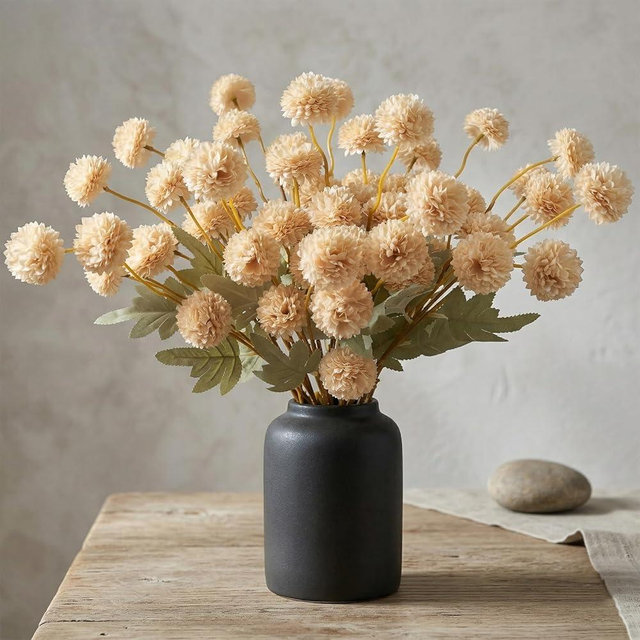 Hananona 12 Pcs Artificial Chrysanthemum Flowers, Beige Kiku Pom Pom Mums Flower Fall Faux Floral Arrangements Centerpiece for Autumn Home Kitchen Decor (12, Beige)