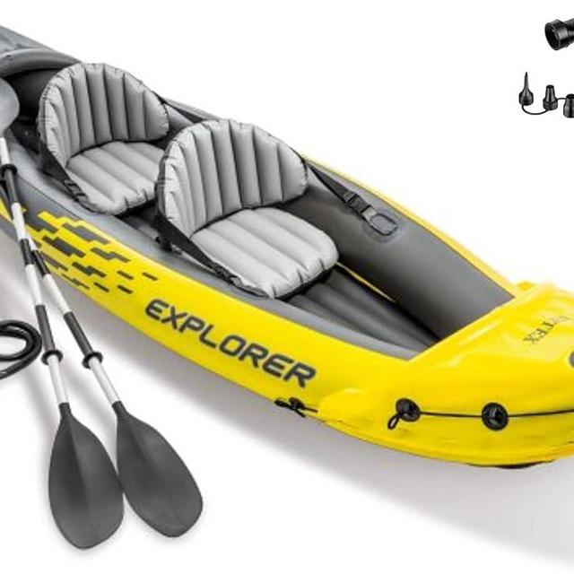 Intex 68307EP Explorer K2 Inflatable Kayak Set: Includes Deluxe 86in Aluminum Oars and High-Output Pump – SuperStrong PVC – Adjustable Seats with Backrest – 2-Person – 400lb Weight Capacity