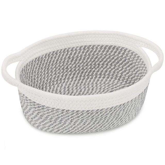 ABenkle Small Basket，12"x 8" x 5" Shelf Storage Baskets, Small Cute Rope Basket Room Storage Chest Box, Cat Basket, Empty Gift Basket with Handles (Grey Stripe）