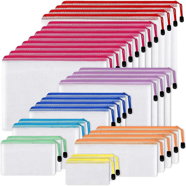 EOOUT 30pcs Mesh Zipper Pouch, Waterproof Zipper Bags, 8 Sizes Waterproof Plastic Document Pouch, 8 Colors, Multipurpose for Travel Storage, School Supplies, Office Appliances and Home Organize