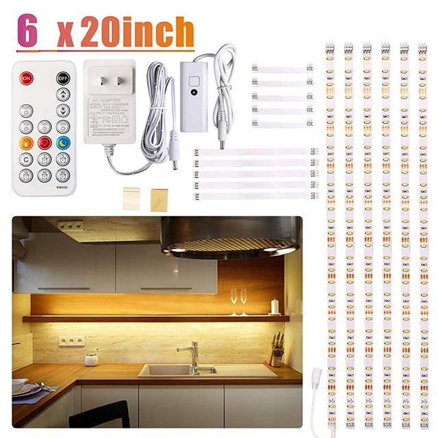 Under Cabinet LED Lighting kit, 6 PCS LED Strip Lights with Remote Control Dimmer and Adapter, Dimmable for Kitchen Cabinet,Counter,Shelf,TV Back,Showcase 2700K Warm White, Bright, Timing