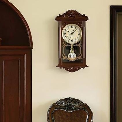 Clockswise Vintage Grandfather Wood-Looking Plastic Pendulum Decorative Battery-Operated Wall Clock Brown, for Office, Home Decor, Living Room, Kitchen, or Dining Room,Brown