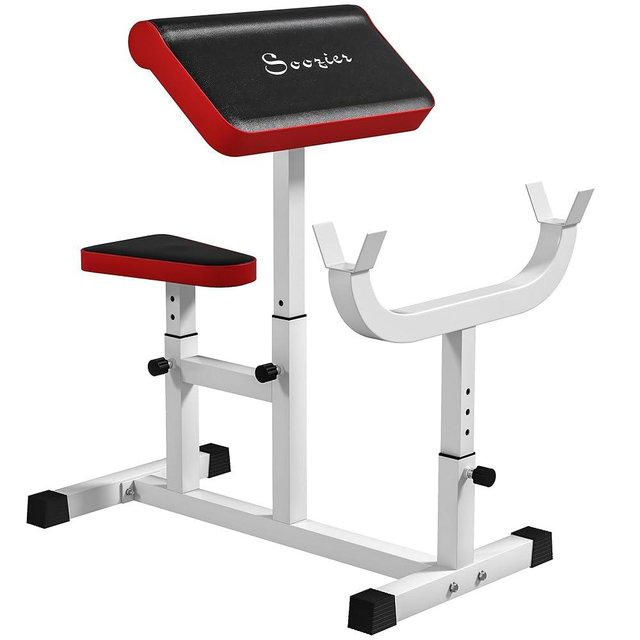 Soozier Adjustable Preacher Curl Bench with Brabell Rack, Strength Training Seated Arm Isolated Barbell Dumbbell Bicep Station, 265 LBS Home Gym Fitness Equipment
