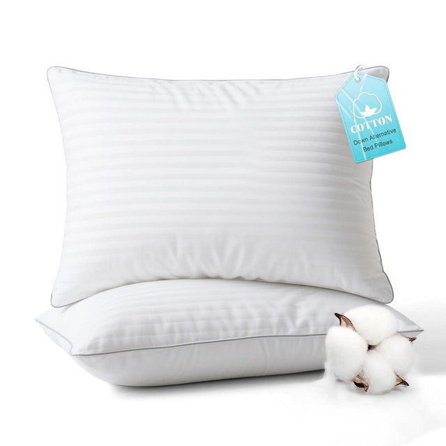 Ltinhome Bed Pillows King Size Set of 2-100% Cotton Cover, Down Alternative Gel Polyfill Filled, Flat Soft Medium Adjustable Hotel-Style Pillow Inserts, 20x36 Inch