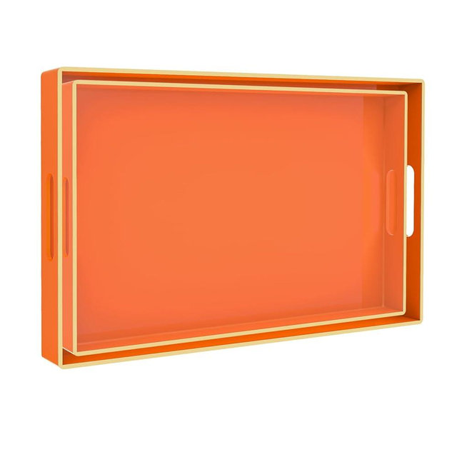 MAONAME Orange Serving Trays Set of 2, Plastic Decorative Trays with Handles, Rectangular Coffee Table Trays for Ottoman, Nesting Trays for Living Room, Bedroom