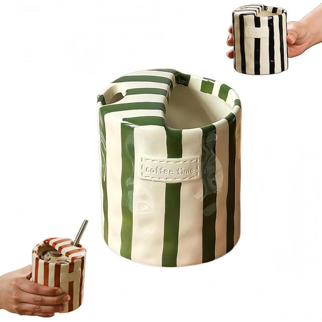 LQKQYHCTA 10 Oz Retro Half Lid Striped Ceramic Coffee Mug, Heat-Resistant Non-Slip, Hand-Painted Striped for Home Kitchen Dining, Valentine’s Day & Holiday Gift for Coffee Lovers (Green)