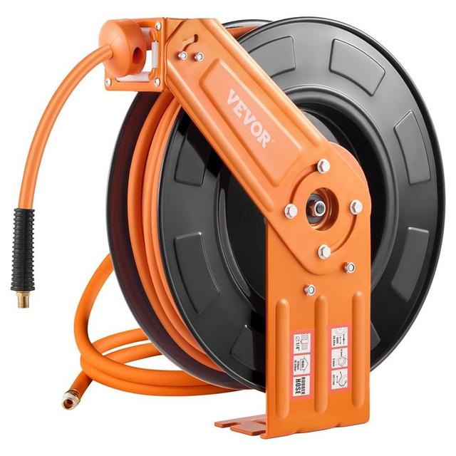 VEVOR Retractable Air Hose Reel, 3/8IN x 100FT Rubber Air Hose Max 300PSI, Air Compressor Hose Reel Auto-Rewind with 5FT Lead in, Ceiling/Wall Mount Heavy Duty Single Arm Steel Reel, 1/4" NPT Fitting