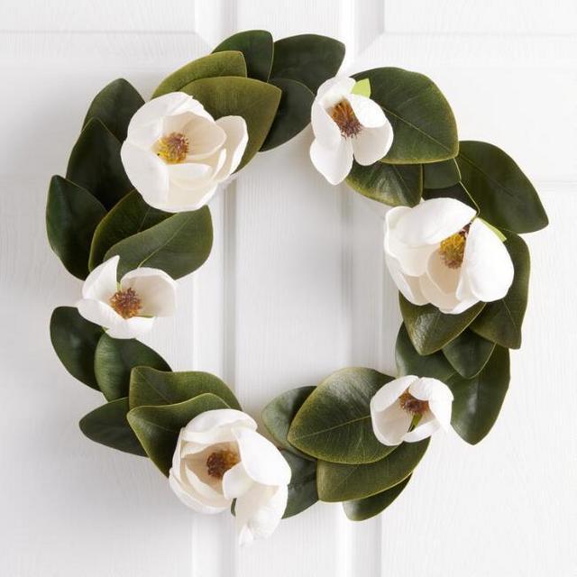 Faux Magnolia Flowers And Leaves Wreath