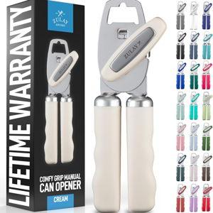 Zulay Kitchen Heavy Duty Stainless Steel Can Opener Manual with Bottle Opener - Rust Proof Manual Can Opener With Turn Knob & Comfy Soft Grip Handles - Cream