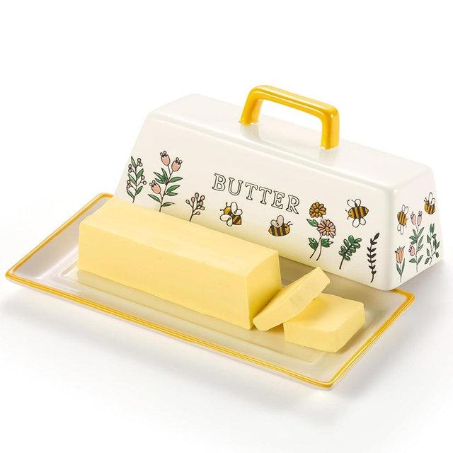 Kook Ceramic Butter Dish with Lid, Kitchen Countertop Butter Keeper, Serving Tray with Cover, Storage Container, Holds 1 Stick, Microwave and Dishwasher Safe, Meadow