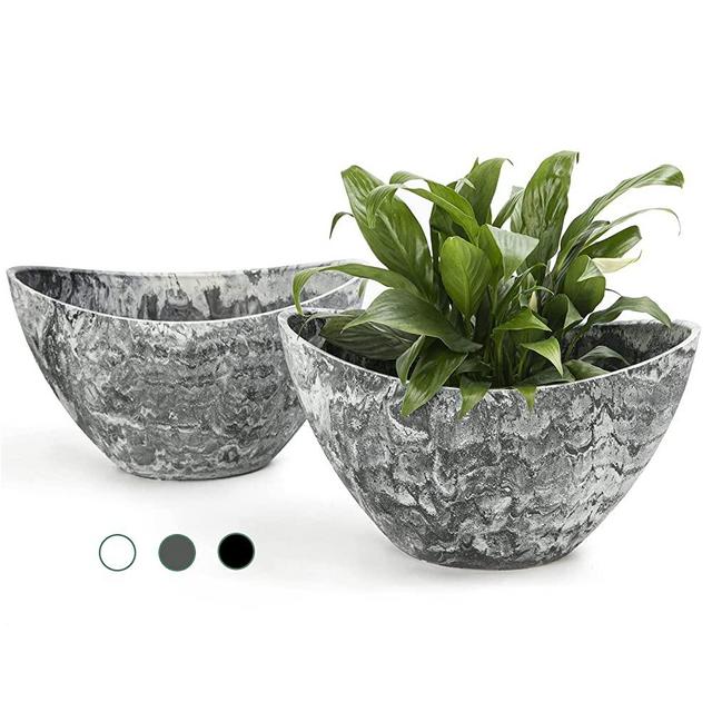 LaDoVita Plant Pots with Drainage Holes, 12 Inch Large Planters for Indoor Plants, Plastic Flower Pots Outdoor, 2 Pack , Marble Pattern Grey