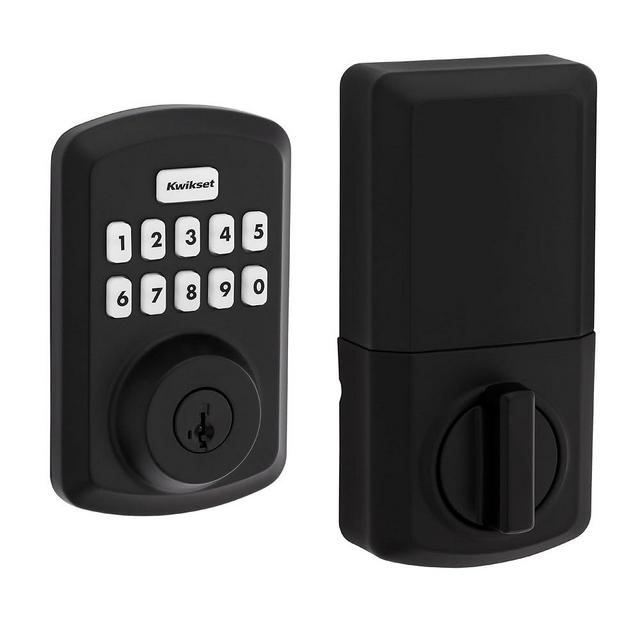 Kwikset Powerbolt 250 10-Button Keypad Matte Black Transitional Electronic Deadbolt Door Lock, featuring convenient keyless entry, customizable user codes and auto locking