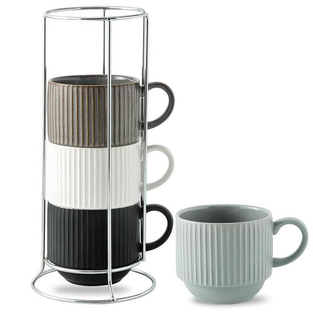 Hasense Large Coffee Mug Set of 4 with Rack - 15 oz Stacking Ceramic Ribbed Latte Cups Set for Cappuccino, Tea, Hot Cocoa, Drinks - Dishwasher & Microwave Safe Assorted Colors