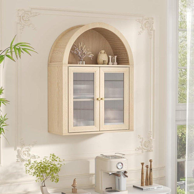 XAWXAW Arched Bathroom Wall Cabinet, Boho Medicine Cabinet with Tempered Glass Doors, Above Toilet Storage Cabinet, Wall Mounted Adjustable Shelf for Living, Laundry Room, Restroom, Oakl