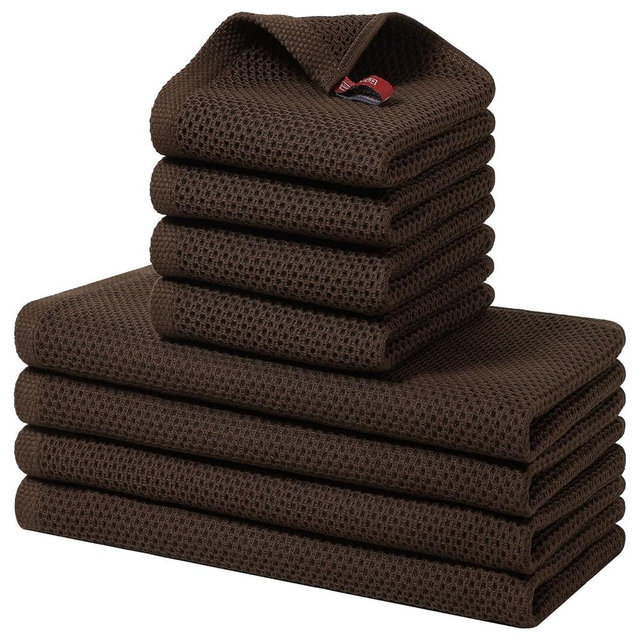 Homaxy 100% Cotton Kitchen Towels and Dishcloths Set, 12 x 12 Inches and 13 x 28 Inches, Set of 8 Bulk Kitchen Towels Set, Ultra Soft Absorbent Dish Cloths for Washing Dishes, Dark Brown