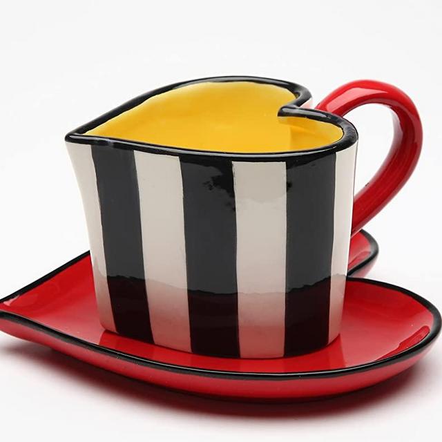Cosmos Gifts 62369 Fine Ceramic Black and White Striped Heart Shape Cup and Saucer, 5-1/4"