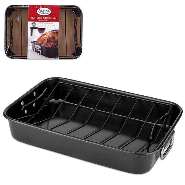 Alpine Cuisine Carbon Steel Roaster Pan with Rack, Heavy Duty Roaster Pan, Easy Clean Multi-purpose & long-lasting, Dishwasher & Oven Safe (Black)