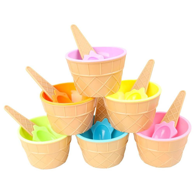hhdatc 6 PCS Reusable Plastic Ice Cream Bowls with Spoons Colorful Cartoon Ice Cream Cups for Sundaes, Frozen Yogurt, and Summer Party Desserts