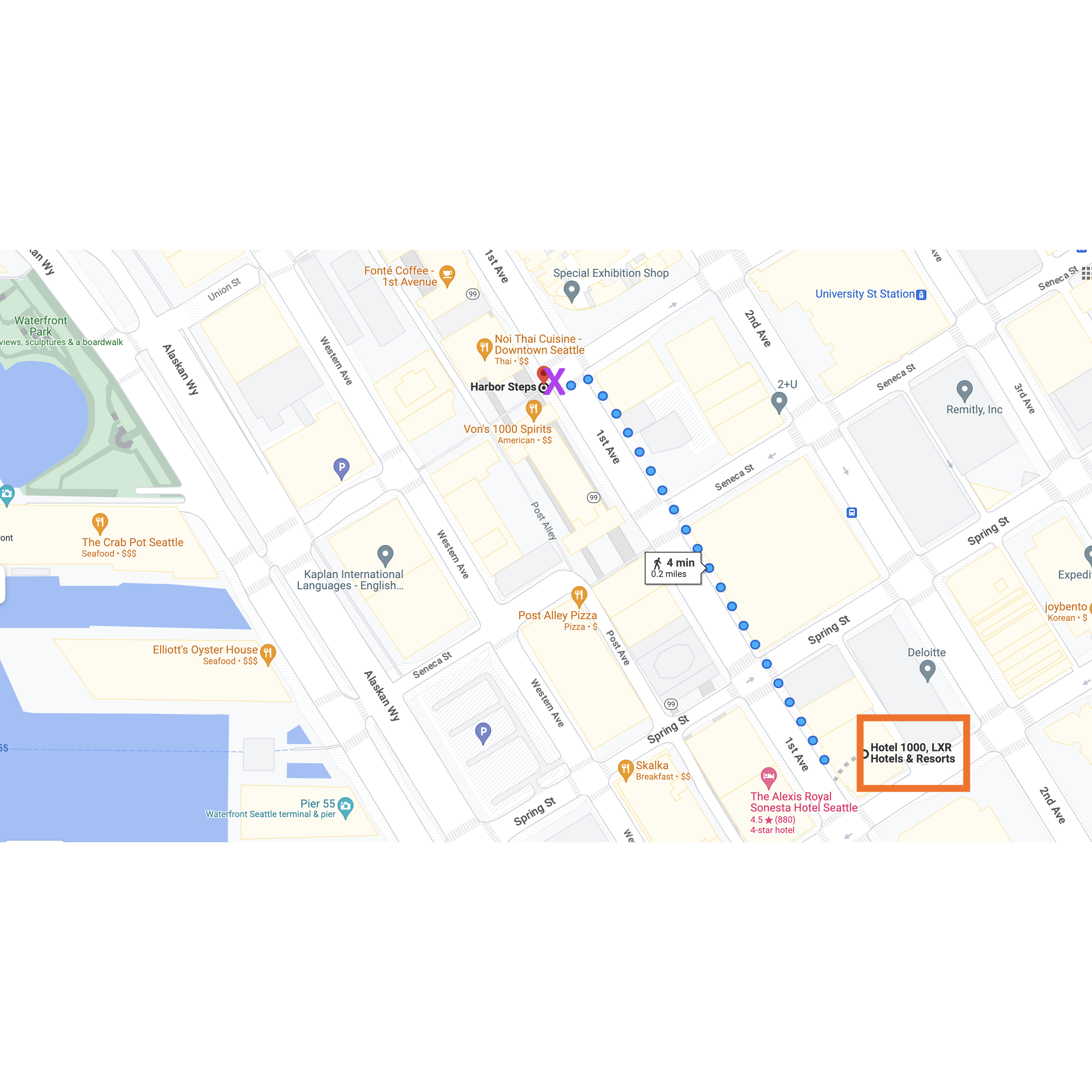 Baraat location and route relative to the hotel. Pink 'X" is baraat meeting point. Orange square is the hotel. "T" intersection of 1st St. and University St.