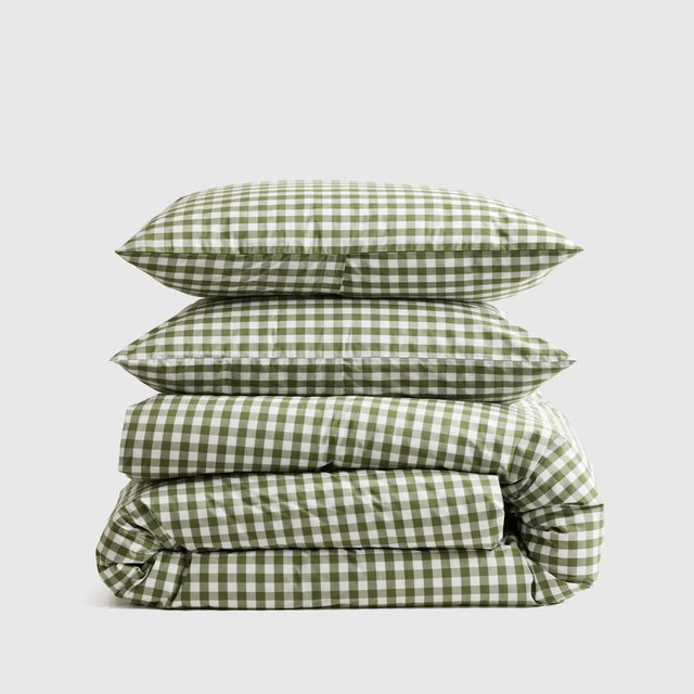 Organic Crisp Percale Gingham Duvet Cover Set - Olive, Full/Queen