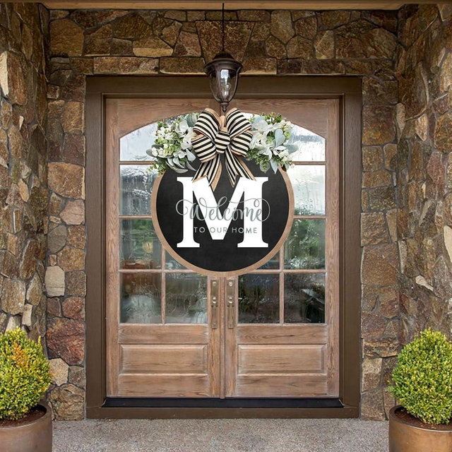 Last Name Wreaths for Front Door 2024 Year Round Front Door Wreath Front Porch Decoration 26 Letter Welcome Sign with Eucalyptus Garland and Bow Spring Wreaths for Front Door Outside Hanger (M)
